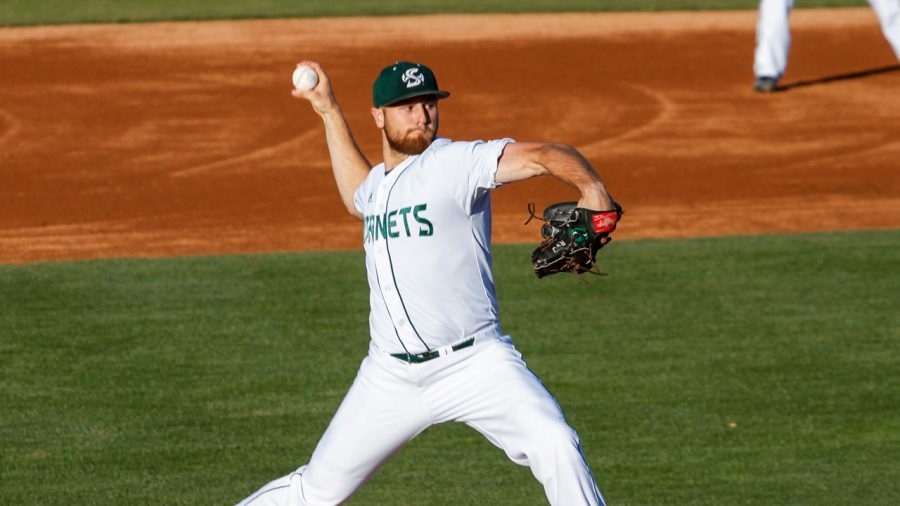 Sacramento State senior Justin Dillon pitches against New Mexico State on April 13 at John Smith Field. (Photo by Ricardo Coronado)