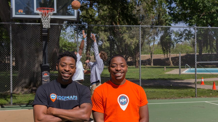 Sacramento State alumni Donte Morris, left, and Dominic Morris, right, created the app Hoop Maps which allows users to find pickup basketball games in their area. The app was featured on KOVR-TV and ESPN’s morning show SC6, and has since been downloaded over 15,000 times. (Photo by Matthew Nobert)