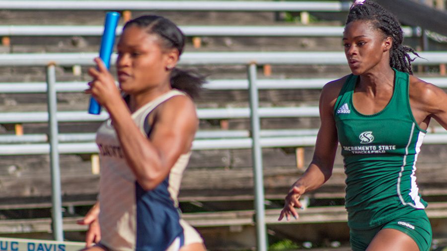 Sacramento State sophomore Amari Jones competes in the womens 4x100 meter relay during the 12th annual Causeway Classic Friday at Toomey Field in Davis, California. The womens team finished second to UC Davis by the score of 110-81. (Photo by Matthew Nobert)