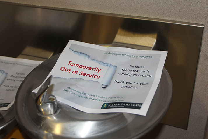 Some water fountains at Sacramento State will remain shut off until the university completes its second comprehensive test for lead contamination, which will not be finished until May — not April as previously indicated — according to a school official. (Photo by Kameron Schmid)