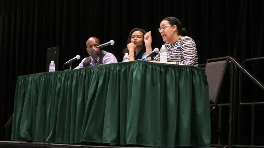 The Get Out discussion panel features Sacramento State professors John Johnson, left, Davin Brown, center, and Michele Foss-Snowden, right, in the University Union Ballroom on April 27. (Photo by Cameron Leng)