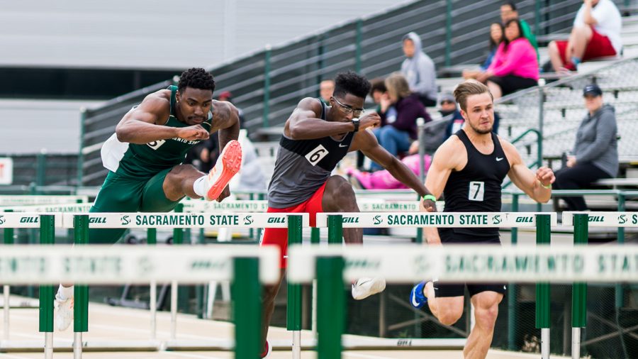 Sacramento State sophomore hurdler Andre Lindsey competes in the 110-meter hurdles Saturday at Hornet Stadium. (Photo by Michael Zhang)