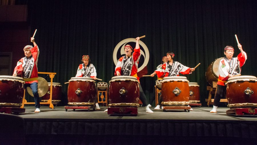 Sacramento Taiko Dan  drummers perform traditional Japanese drum beats at the last Wednesday nooner of the semester in the University Union Redwood Room on May 3. (Photo by Matthew Dyer)