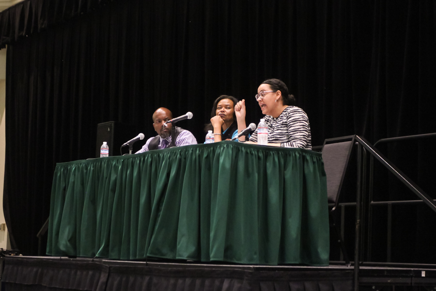 The 'Get Out' discussion panel features Sacramento State professors John Johnson, left, Davin Brown, center, and Michele Foss-Snowden, right, in the University Union Ballroom on April 27. (Photo by Cameron Leng)