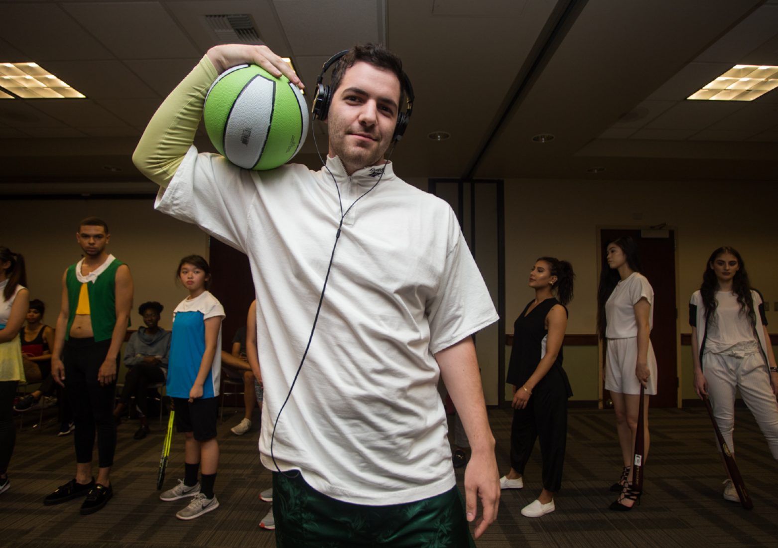 A model wears a design from Jose Avila’s ‘Perseveranc3’ collection during rehearsal in the University Union Foothill Suite on Wednesday. (Photo by Nicole Fowler)