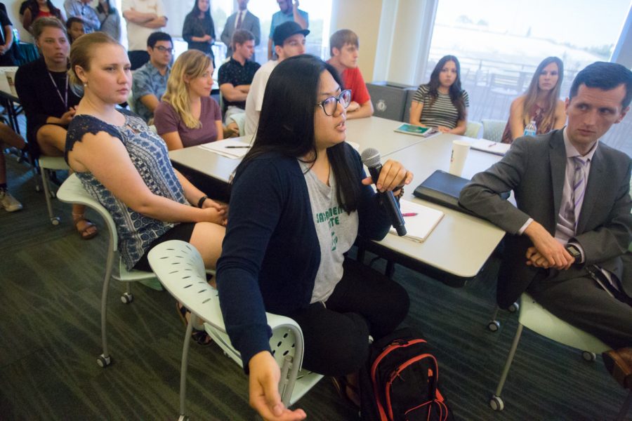 Pubic Relations major Lyka Manalo participates in the question-and-answer portion of the first Millennial Caucus Tuesday in The Wells Terrace Suite at Sac State (Photo by Nicole Fowler)