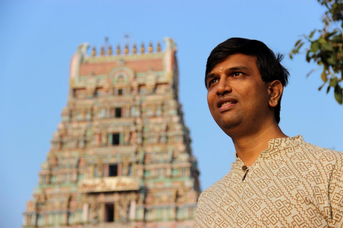 G. Ravi kiran in front of the Marundeeswarar Temple in Chennai, India. He will open the World Music Series at Capistrano Concert Hall Oct. 7.