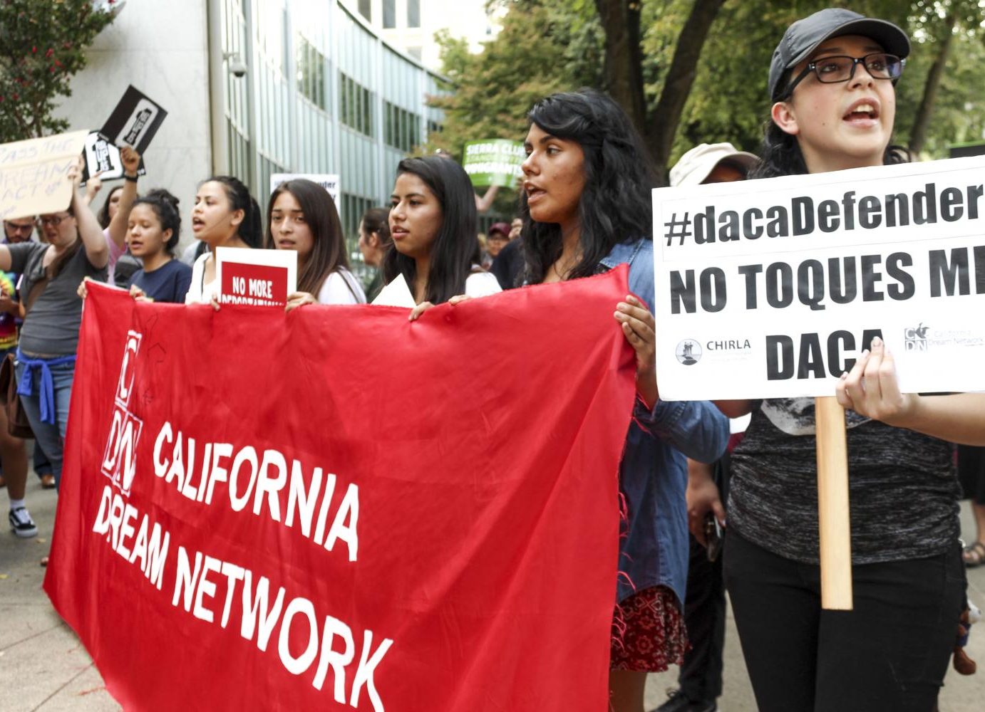 A crowd of local residents and Sac State students gather in downtown Sacramento Tuesday to protest, opposing the Trump administration’s plans to eliminate DACA programs. (Photo by Claire Morgan)