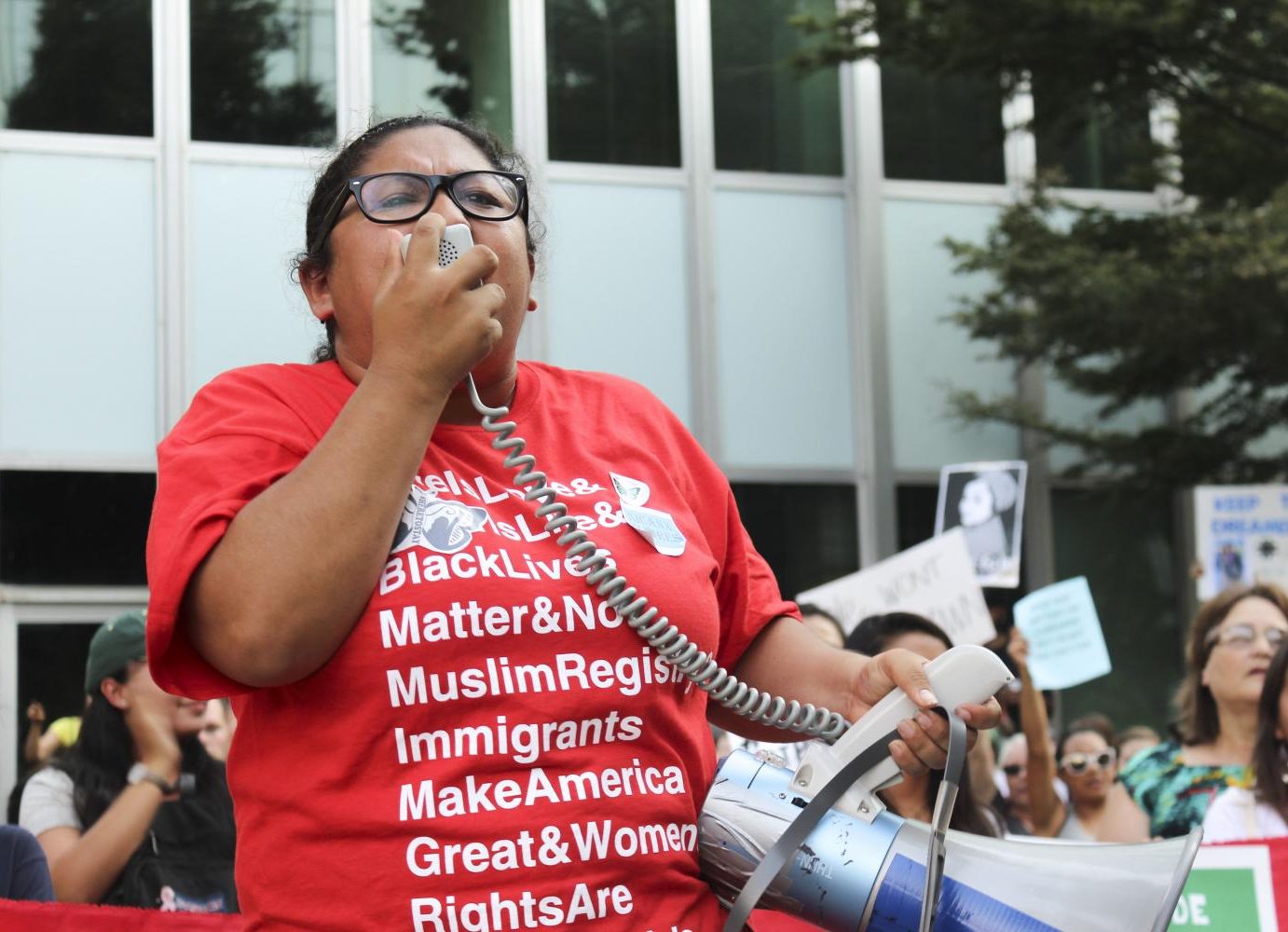 Rosa Barrientos protests on in downtown Sacramento Tuesday to oppose the Trump administration’s plans to eliminate DACA programs. (Photo by Claire Morgan)