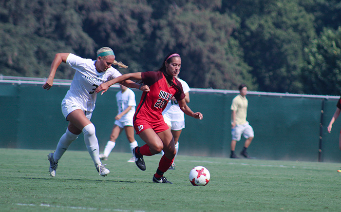 Sacramento State senior defender Amanda Mielke battles for the ball against UNLV forward Michaela Morris Friday, Sept. 1 at Hornet Field. Sac State defeated the Rebels 1-0 with a goal in the last few minutes of action.