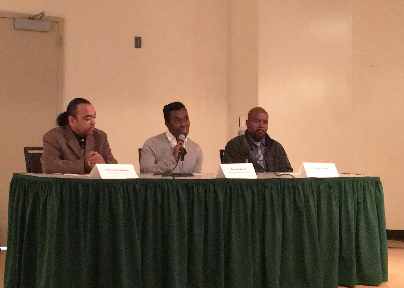 Sacramento State Department of Theater and Dance assistant professor Bernard Brown speaks during the Moonlight panel discussion in the Hinde Auditorium Wednesday. Bernard was accompanied by Centers for Diversity and Inclusion Director John Johnson and Golden Rules Services Executive director Clarmundo Sullivan.