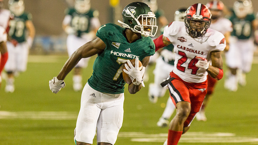 Sacramento State junior receiver Andre Lindsey out runs University of Incarnate Word sophomore safety Chris Thomas for a touchdown Saturday, Sept. 9 at Hornet Stadium. Sac State defeated UIW 56-22 for its first win of the season.