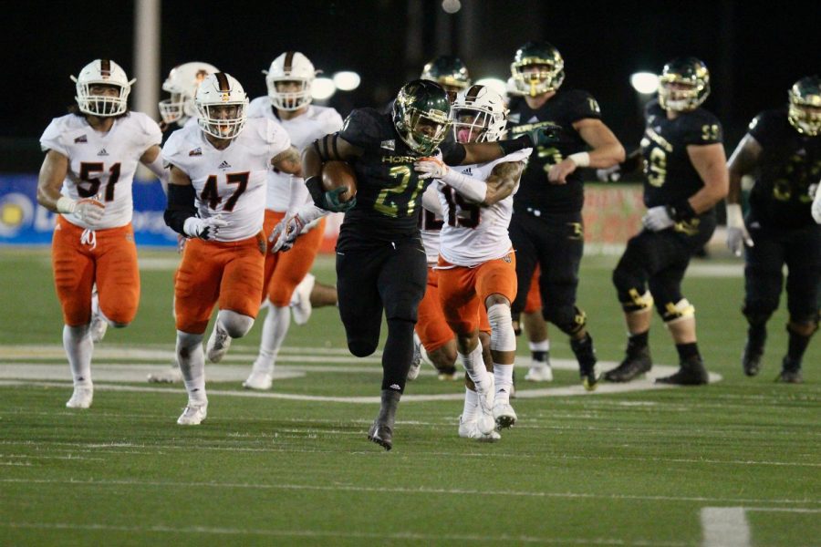 Sacramento State freshman running back BJ Perkinson tries to break a tackle against Idaho State Saturday, Oct. 15 at Hornet Stadium. Perkinson finished with a game-high 155 rushing yards and his first career touchdown in a 41-21 homecoming win over the Bengals. 