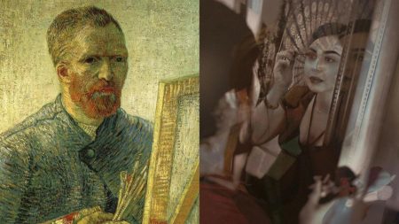 Left, a painting of the original Self-Portrait as a Painter by Dutch painter Vincent van Gogh. Right, Stephanie Aguilar-Gutierrez applies a coat of mascara in her self portrait, A Night Out. The photograph is an appropriation of Vincent van Goghs self portrait painting.