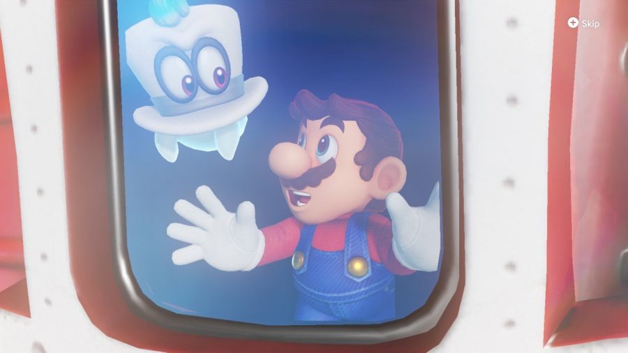 Mario and Cappy sail from kingdom to kingdom in the Odyssey, an airship powered by the nearly 1,000 Power Moons found within the game.  You can also decorate the Odyssey with in-game stickers and nick-nacks found at shops scattered throughout the kingdoms.  