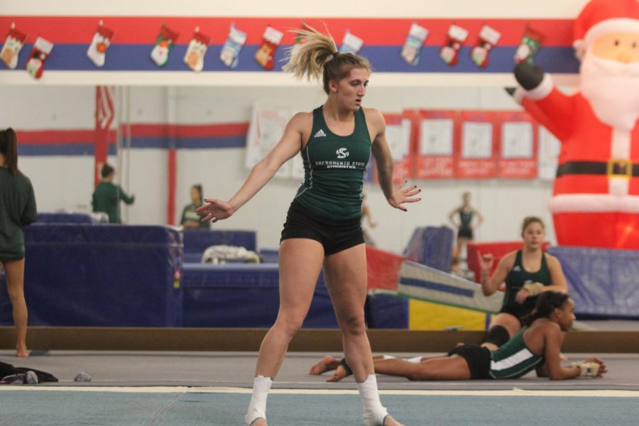 Sacramento State senior gymnast Caitlin Soliwoda works on her floor routine Nov. 27 at Byers Gymnastics Center in Elk Grove. Soliwoda will be one of the 18 returners from last year’s 24 routines for the Hornets.