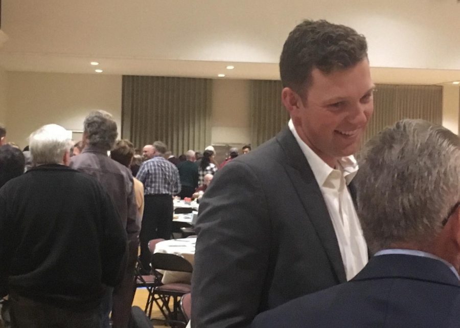 Phillies left fielder Rhys Hoskins chats at the Sac State baseball programs Diamond Dinner on Jan. 19. Hoskins received the fourth-most votes for 2017 NL Rookie of the Year despite having played 50 games. 