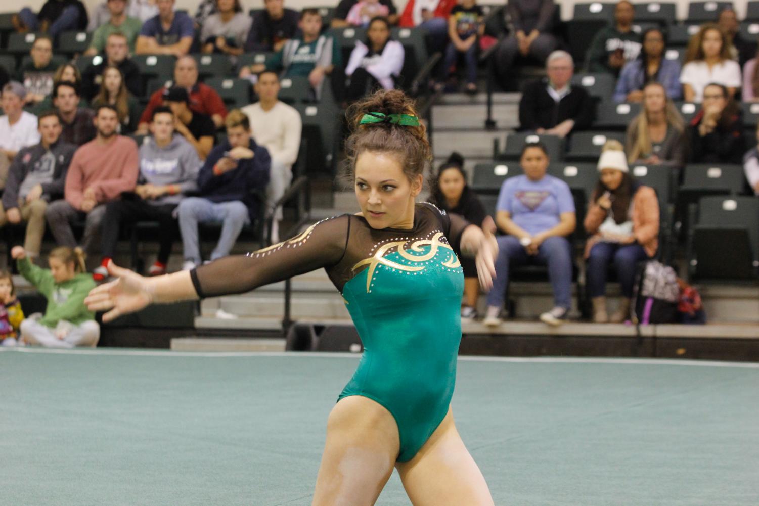 Sacramento State senior gymnast Annie Juarez competes on the floor event on Dec. 8 at Flip Fest.