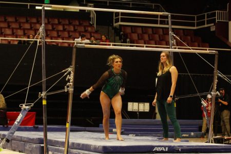 Sacramento State senior gymnast Caitlin Soliwoda prepares to start her uneven bars routine in the NorCal Classic Monday, Jan. 8 at Stanford. Soliwoda injured her heels on the landing which caused her to leave the event early and miss the next event on Jan. 12, but she made her return on Jan. 19 and scored a 38.975 in the all-around.