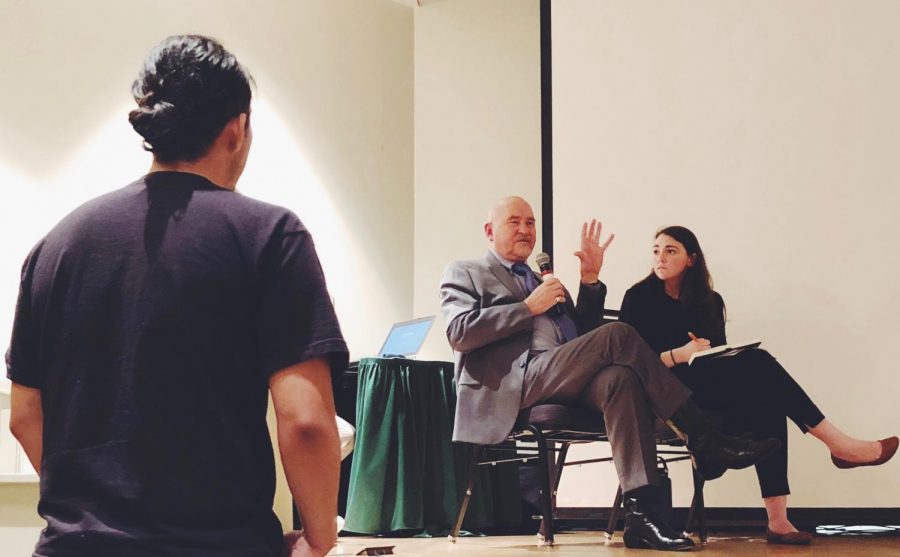 Sacramento State President Robert Nelsen and Associated Students, Inc. President Mia Kagianas answer questions during the tuition forum Feb. 8.