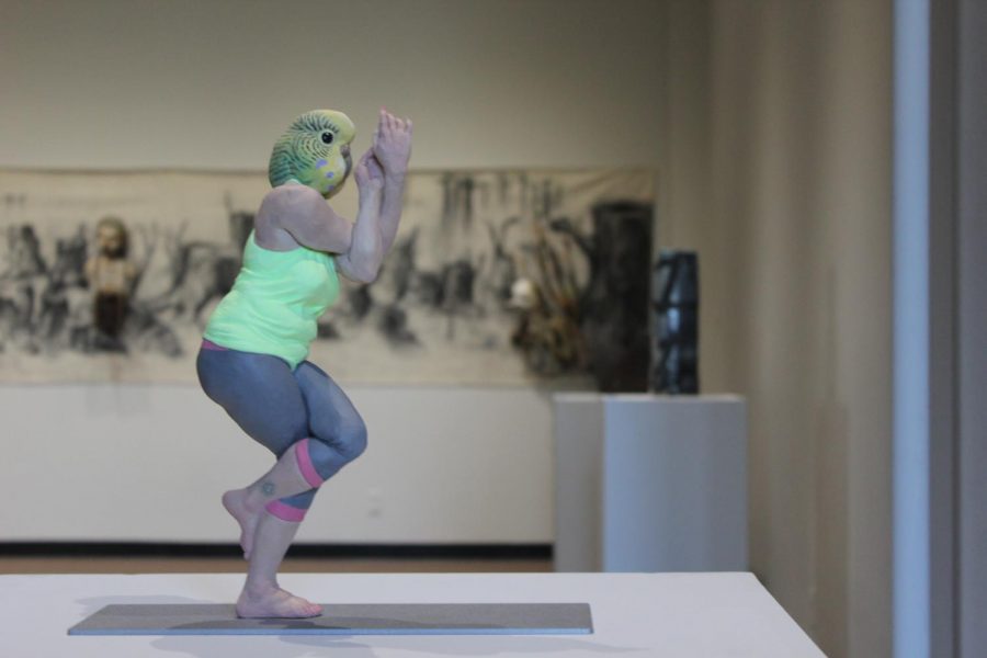 Foreground: Eagle Pose by Alessandro Gallo, an artist from Helena, Montana; background: Innards, a mixed media piece by Oakland artist Arthur Gonzalez. The Library Gallerys latest art installation, “Concurrent/Conventions: A Spectrum of Contemporary Ceramics, will open Feb. 15.