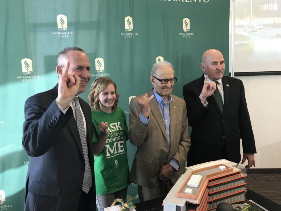 From left, Sacramento Mayor Darrell Steinberg, Elizabeth Gabler, Ernest Tschannen and President Robert Nelsen are on hand for Tschannen’s donation to Sacramento State on Feb. 16. Tschannen gave a $9 million donation, the highest in Sac State history, which will go toward paying for part of the Science II construction project. 