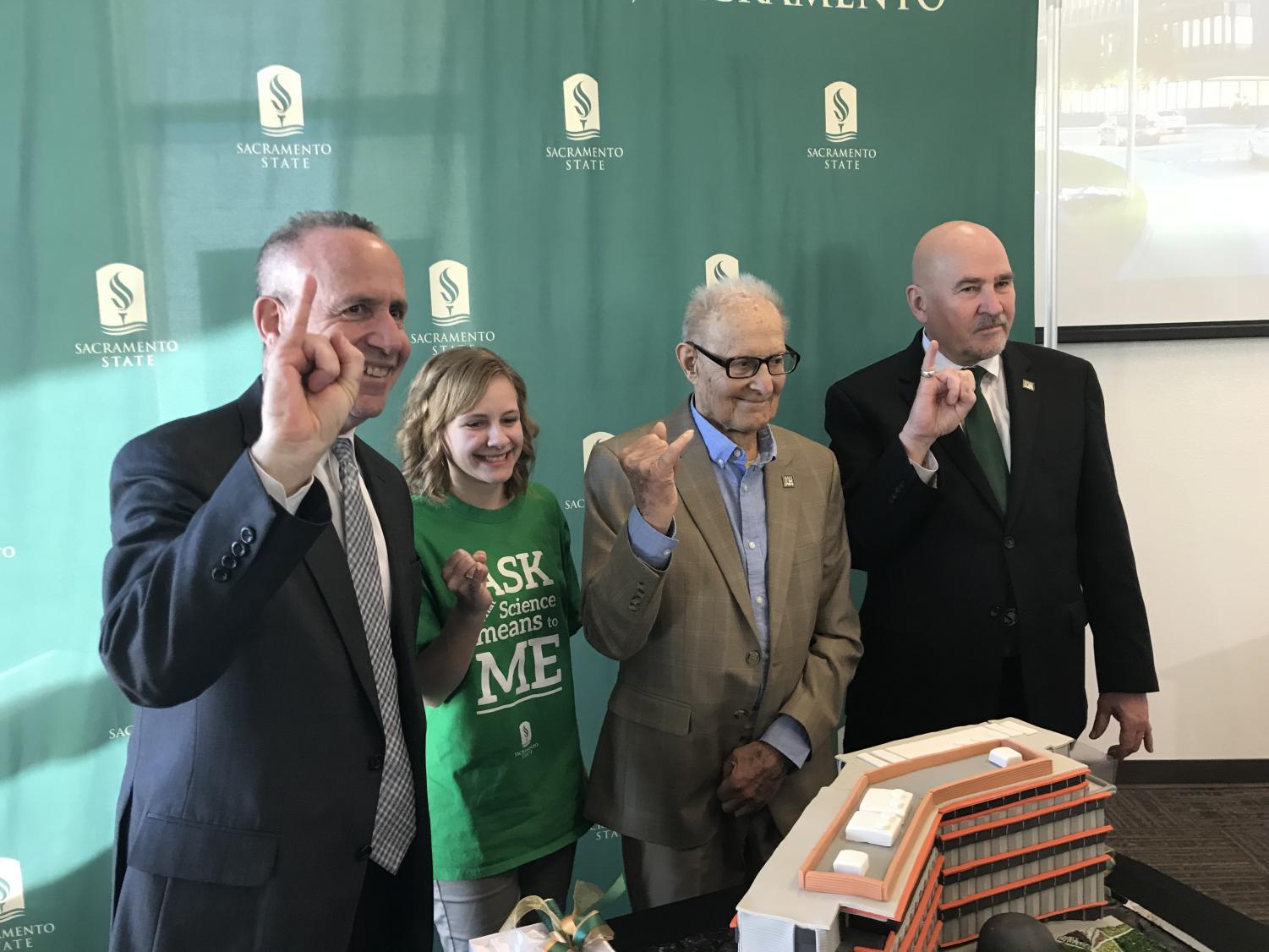 From left, Sacramento Mayor Darrell Steinberg, Elizabeth Gabler, Ernest Tschannen and President Robert Nelsen are on hand for Tschannen’s donation to Sacramento State on Feb. 16. Tschannen gave a $9 million donation, the highest in Sac State history, which will go toward paying for part of the Science II construction project.