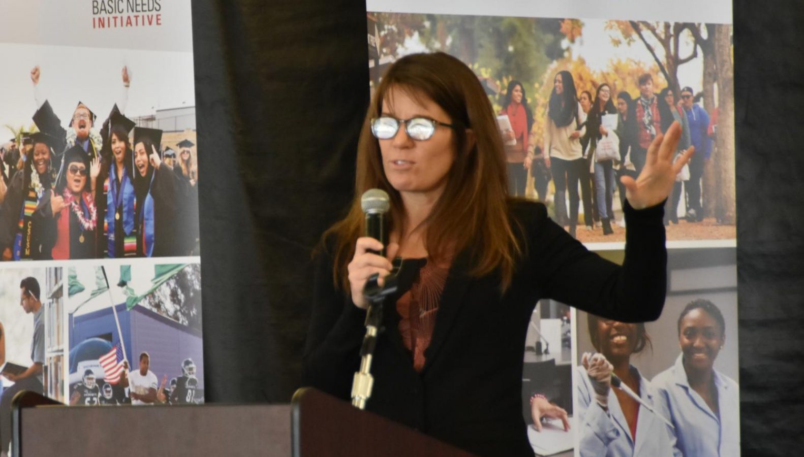 Jennifer Maguire, a principal investigator for CSU, Humboldt and co-author of a comprehensive study on student homelessness and food insecurity, speaks at the keynote address to the conference on Jan. 7. (Photo by Vincent Moleski – The State Hornet)