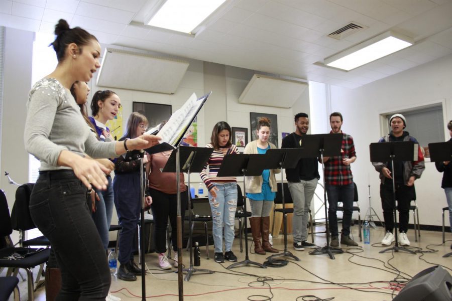 Students of the vocal jazz groups C-Sus Voices and Vox Now rehearse together in preparation for their upcoming performance. The groups will be performing at the Third Annual MOSAIC: Gala Concert on Sunday, March 4. 