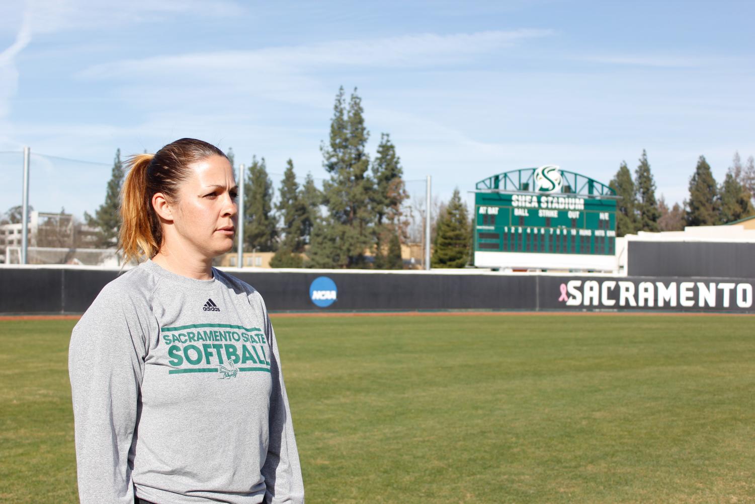Sacramento State softball coach Lori Perez looks upon the softball field before the start of practice on Thursday, Feb. 1 at Shea Stadium. Perez enters this season in her fifth year as head coach after spending multiple years as a player (1999-2002) and assistant coach (2005-13) at Sac State.