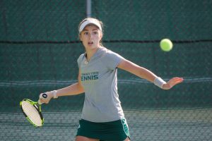 Sacramento State sophomore Sofia Gulnova prepares to hit the ball back in her doubles match with junior Sofi Wicker against their Nevada opponents Saturday, Feb. 3 at the Sacramento State Courts.