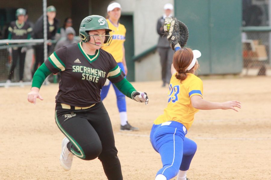 Sacramento State sophomore catcher Jessica Scott is thrown out at first base on a double play against UC Santa Barbara at Shea Stadium on Saturday, Feb. 10, 2018. The Hornets lost to the Gauchos 8-4.