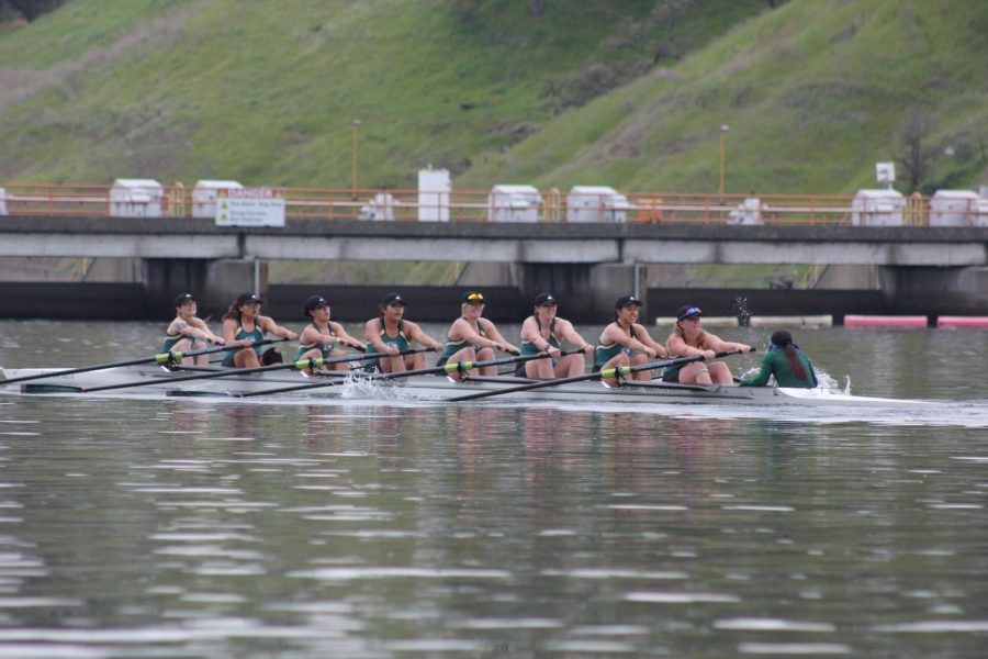 The Sacramento State rowing novice-eight team competes in first race of the season at the Sacramento State Invitational at Lake Natoma on Sat., March 10, 2018. They took first place against the six other boats competing. 