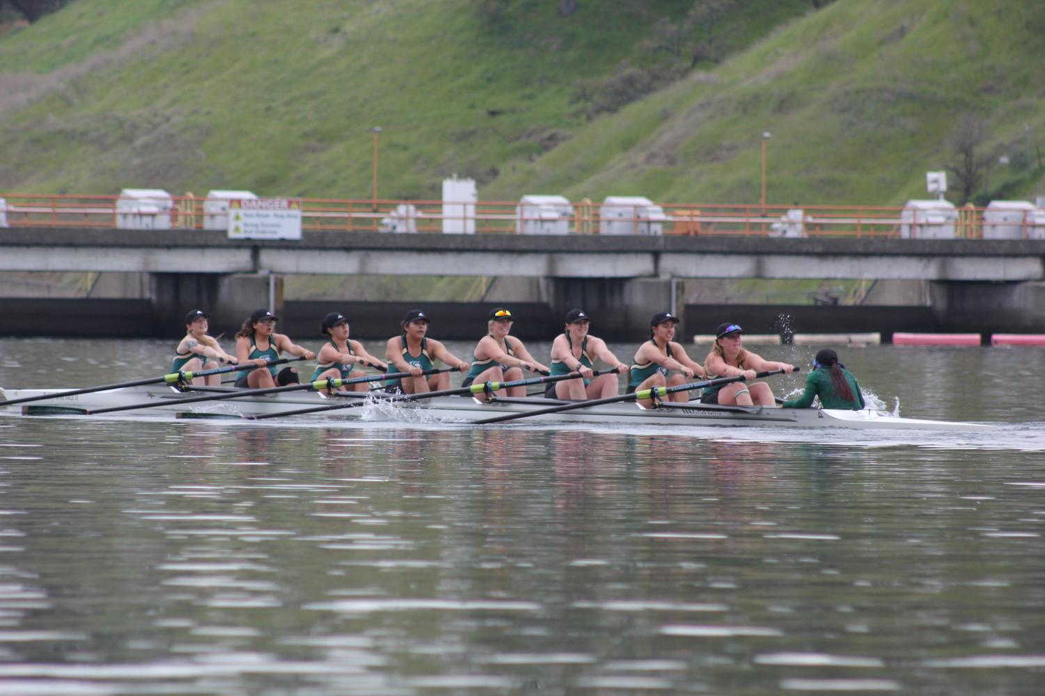 The Sacramento State rowing novice-eight team competes in first race of the season at the Sacramento State Invitational at Lake Natoma on Sat., March 10, 2018. They took first place against the six other boats competing.