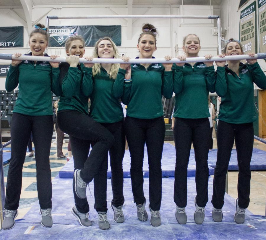 From left to right, Sacramento State senior gymnasts Courteney Ng, Caitlin Soliwoda, Lauren Rice, Courtney Soliwoda, Jennifer Brenner and Annie Juarez will be honored for their contributions to the gymnastics team during senior night at the Nest on Friday, March 16, 2018.