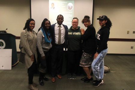 From left to right, Christina Bourn, Sabrina Harrell, Micah Grant, Ashley Robertson, Andrea Moore and Brittney LeBlue pose for a picture after the Cooper G. Woodson lecture on Feb., 20, 2018. The Cooper-Woodson Scholars are required by the program to attend both the Woodson lecture as well as the Anna J. Cooper lecture every year.