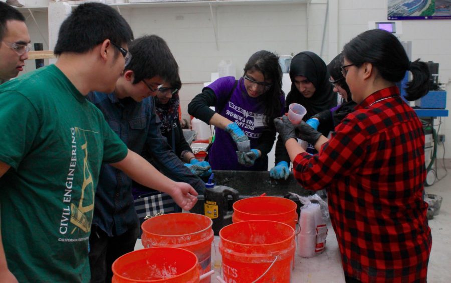 High School students participate in a concrete mixing lab for Womens Shadow Day on March 2, 2018 at Sacramento State. Sac State has the only collegiate section of the Society of Women Engineers that holds this event.