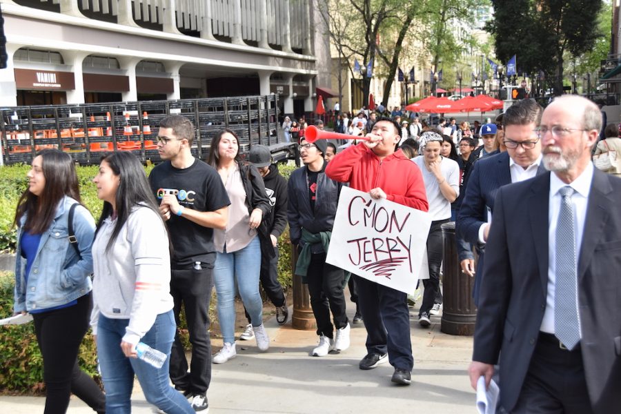 Student protesters sound horns and chant at the Capitol. The CFA and the SQE held a protest on the Capitol lawn on Wednesday, April 4 against CSU underfunding and an incoming tuition hike.