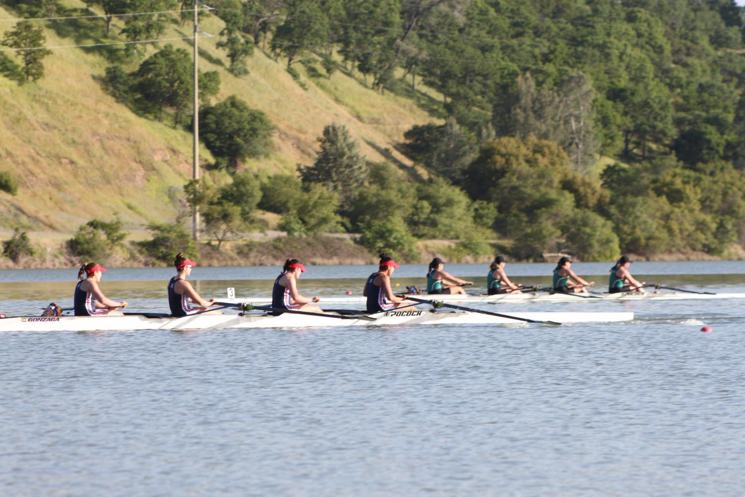 Sacramento State rowing varsity-four team, right, races against Gonzaga, left, Alabama and the University of San Diego during the Lake Natoma Invitational on Sunday, April 15, 2018. Sac State finished third in event 20.