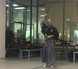Sacramento State English professor Josh McKinney demonstrates traditional Japanese sword drills during an unveiling ceremony Saturday, April 7, 2018.The swords belong to the Japanese-American Archival Collections special collections. The collection includes swords going back as far as 1648.