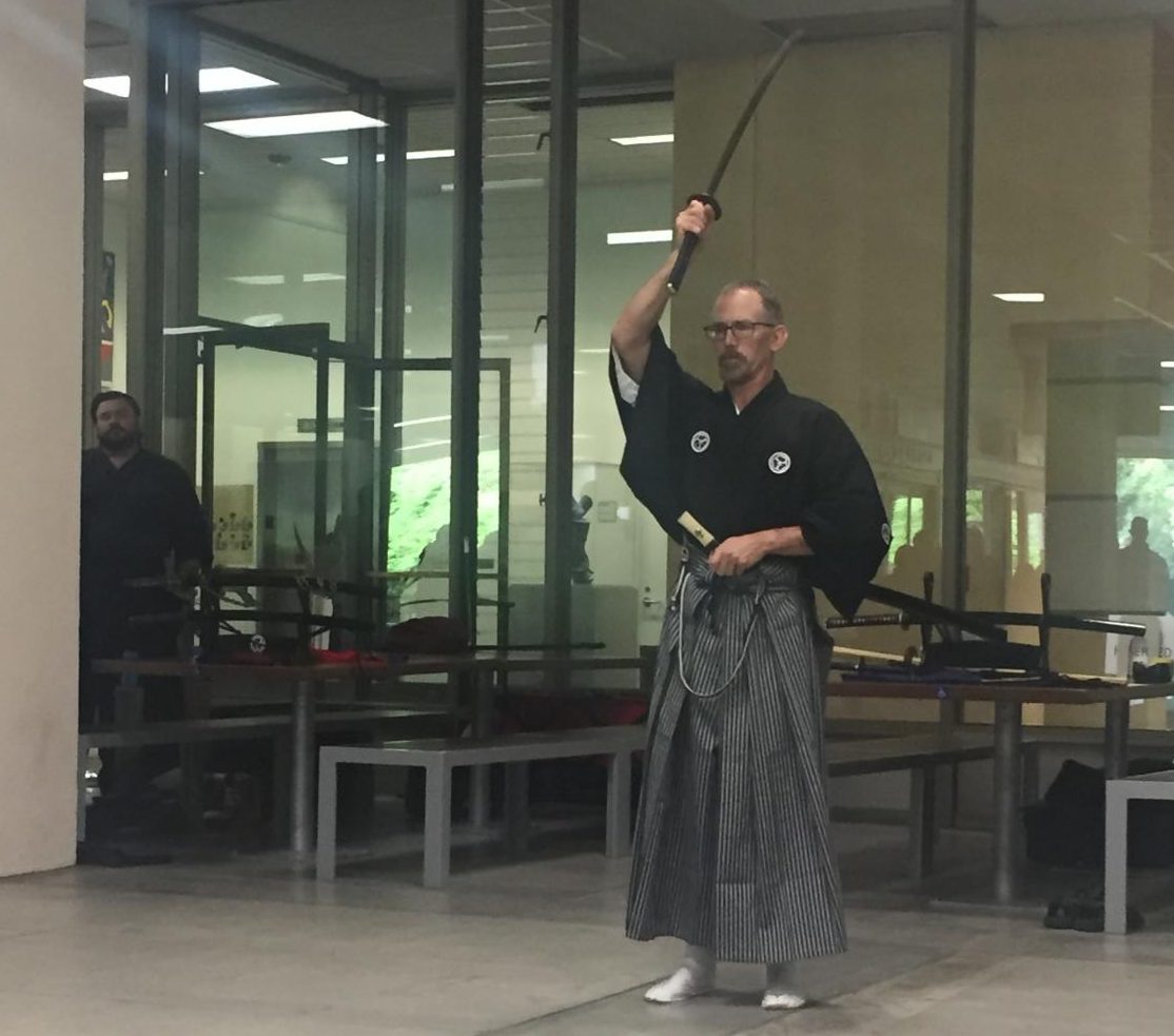 Sacramento State English professor Josh McKinney demonstrates traditional Japanese sword drills during an unveiling ceremony Saturday, April 7, 2018.The swords belong to the Japanese-American Archival Collection's special collections. The collection includes swords going back as far as 1648.
