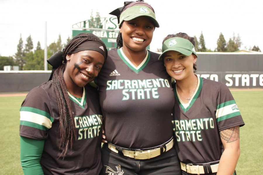 Left to right, Sacramento State senior second baseman Zamari Hinton, senior pitcher Celina Matthias and senior third baseman Marissa Maligad prepare to finish their collegiate careers together as Hornets. The senior trio began playing softball together when they were 8 years old for the Lady Magic travel ball team in Sacramento. 
