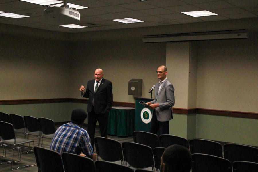 From left, Sacramento State President Robert Nelsen and California Assemblyman Kevin McCarty at McCartys question and answer session at Sac State on Friday.