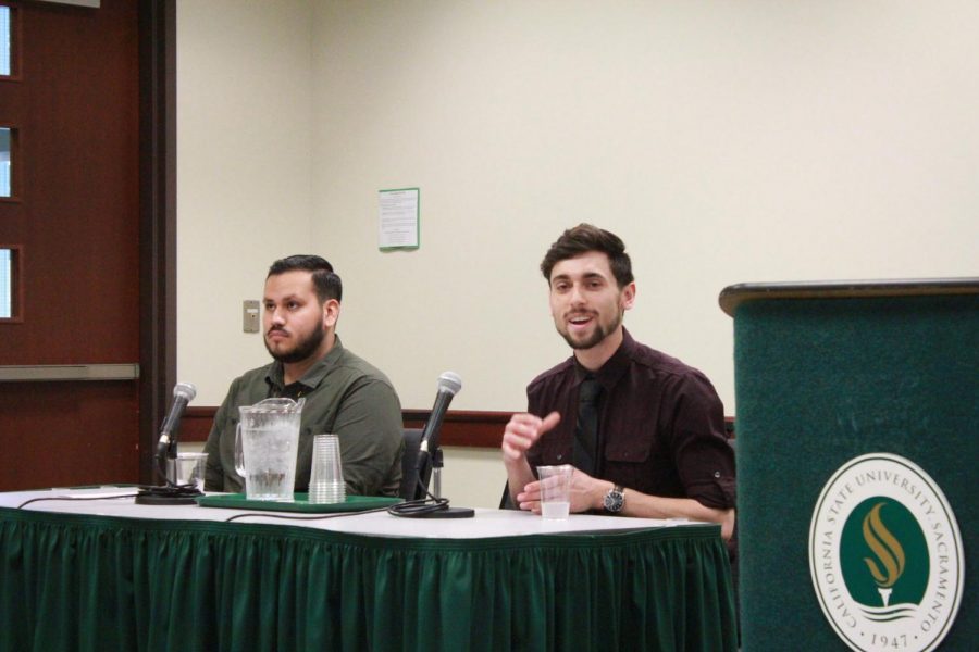 Tony Humphreys, right, and Jose Arias-Ruiz speak at an Associated Students, Inc. election candidates forum on Monday, April 2 in the University Union. Humphreys and Arias-Ruiz are running against each other to be vice president of academic affairs.