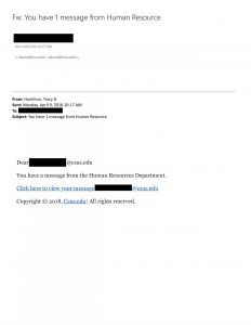 An email that a student received in a phishing attempt in April 2018.
