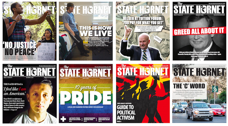Eight covers of The State Hornet from the last three semesters show just some of the scope of coverage that a small group of student reporters and editors have published. 