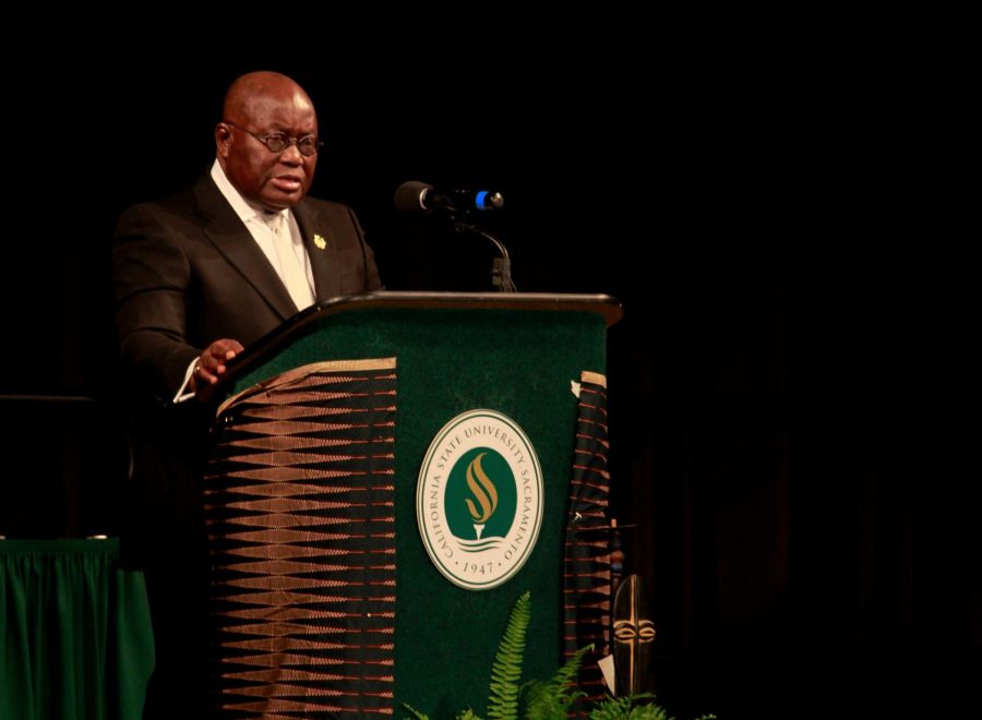 Republic of Ghana president Nana Akufo-Addo delivers his keynote speech following his acceptance of the African Peace Leadership Award in the University Union Ballroom on Saturday, April 28, 2018.