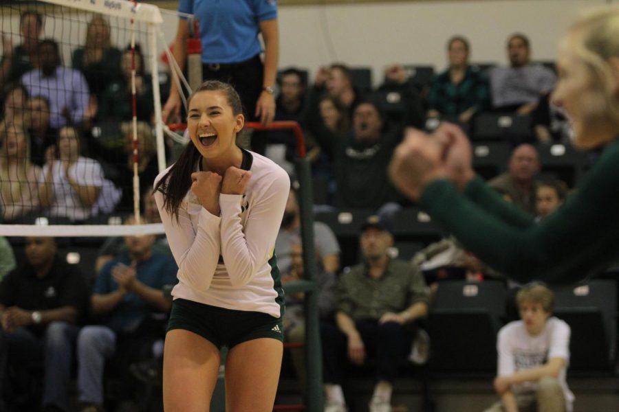 Sacramento State sophomore outside hitter Sarah Davis celebrates a kill during the 2017 Big Sky Conference tournament. The Hornets won the Big Sky regular season and were voted as the best team in The State Hornet’s “Best of Sac State” category. 