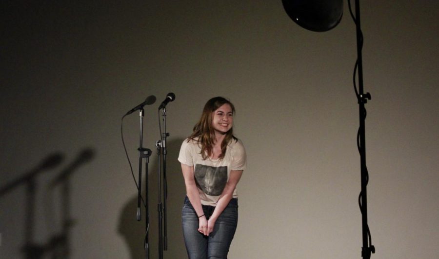 Lauren Thompson, a deaf studies student at Sacramento State, tells the romantic meeting of an old friend at Capital Storytelling, an event co-sponsored by Sac State and The Verge Center for the Arts, on Thursday, April 26, 2018. “Storytelling is just a great part of society that’s happened for thousands of years, that’s carried on in a modern day context,” Thompson said in an interview. 
