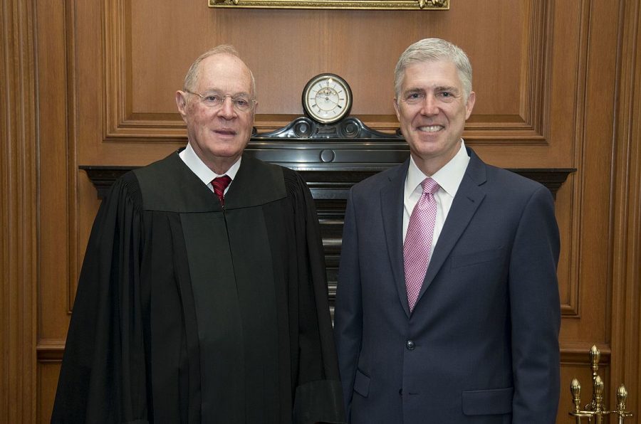 Supreme+Court+Justices+Anthony+Kennedy+and+Neil+Gorsuch+on+April+10%2C+2017+following+Kennedys+swearing+in+of+Gorsuch+as+a+Supreme+Court+Judge.+Kennedy+announced+that+he+is+planning+to+retire+Wednesday+morning.